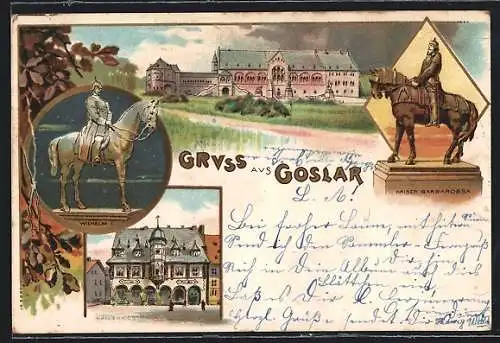 Lithographie Goslar, Kaiserhaus, Wilhelm I., Kaiser Barbarossa, Kaiserworth