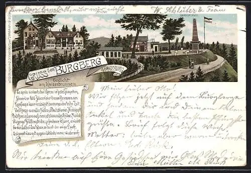 Lithographie Harzburg, Burgberg mit Canossasäule und Hotel Burgberge