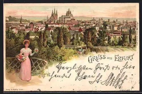 Lithographie Erfurt, Generalansicht der Stadt mit Severikirche und Dom