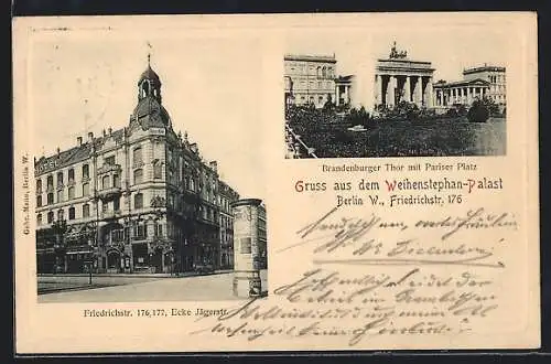 AK Berlin, Brandenburger Tor mit Pariser Platz, Friedrichstr. 176 /77, Ecke Jägerstrasse