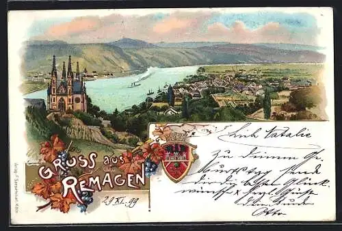 Lithographie Remagen, Blick auf den Ort am Rhein