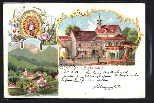 Lithographie Birkenstein, Ortspartie mit Kirche, Panorama