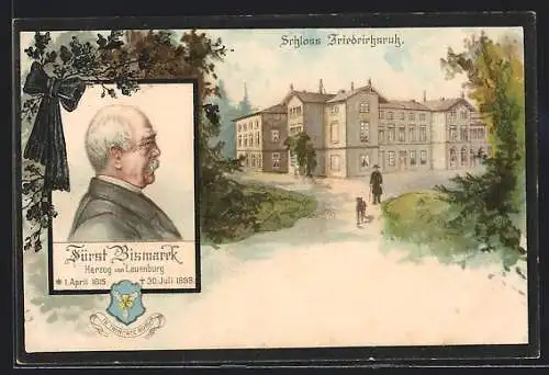 Lithographie Friedrichsruh, Fürst Bismarck, Herzog von Lauenburg und Schloss Friedrichsruh
