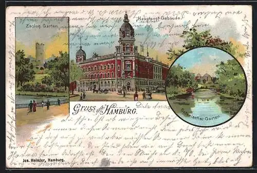 Lithographie Hamburg, das hauptpost-Gebäude, im Botanischen Garten, der Zoologische Garten
