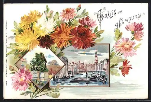 Künstler-AK Alt-Hamburg, Ortspartie mit Booten, Denkmal