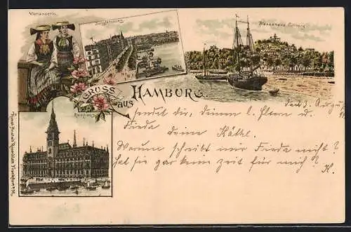 AK Hamburg, Rathhaus, Jungfernstieg, Vierländerinnen in Tracht, Blankenese mit Süllberg