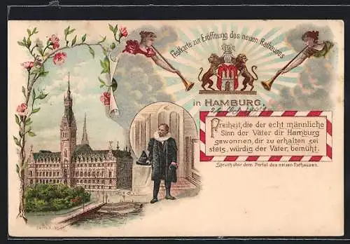 Lithographie Hamburg, Festkarte zur Eröffnung des neuen Rathauses, Wappen, Spruch über dem Portal