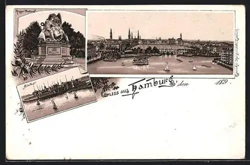 Lithographie Hamburg-St.Georg, Krieger-Denkmal, Alsterlust, Ortsansicht