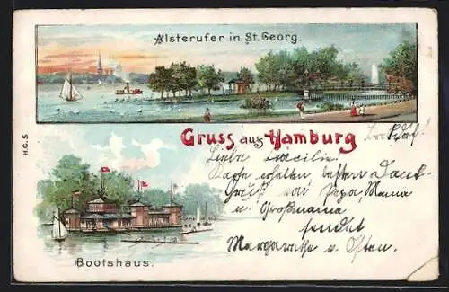 AK Hamburg-St.Georg, Bootshaus und Alsterufer