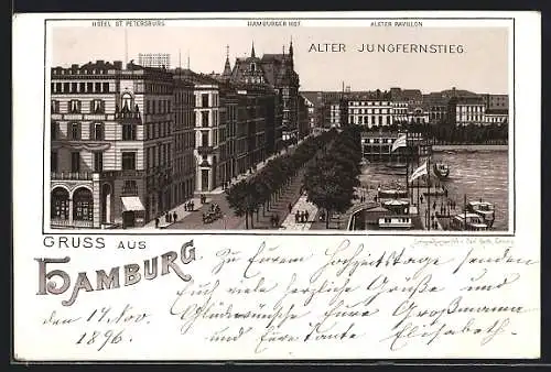 Lithographie Hamburg-Neustadt, Hotel St. petersburg, Hotel Hamburger Hof und Alster Pavillon am Alten Jungfernst