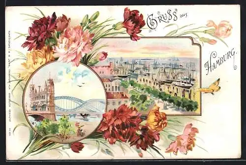 Lithographie Hamburg, Ortsansicht mit Blumendekor