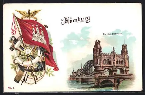 Lithographie Hamburg-Rothenburgsort, Die neue Elbbrücke, Hamburger Flagge und Schifffahrtssymbolik