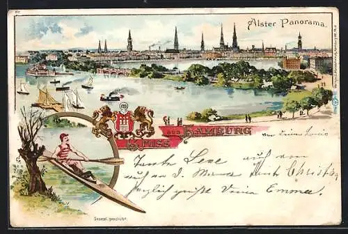 Lithographie Hamburg, Alsterpartie, Ruderer, Dampfer, Segler, Wappen