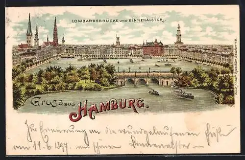 Lithographie Hamburg-Neustadt, Lombardsbrücke & Binnenalster