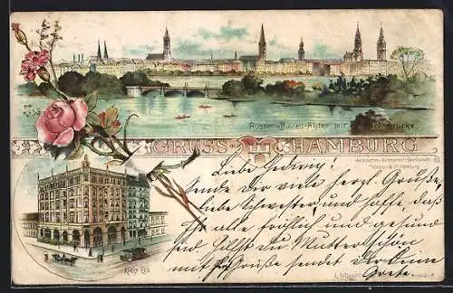 Lithographie Hamburg, Aussen- und Binnen-Alster mit Lombard-Brücke, Kiels Eck