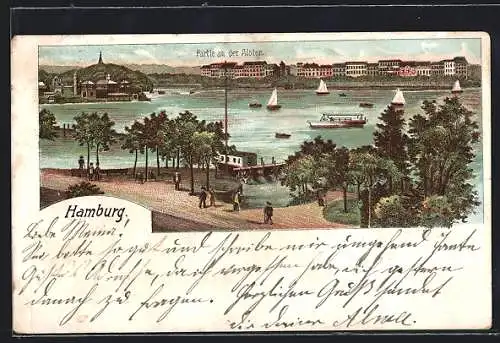 Lithographie Hamburg-St.Georg, Partie an der Alster