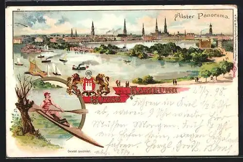 Lithographie Hamburg, Alsterpartie, Ruderer, Dampfer, Segler, Wappen
