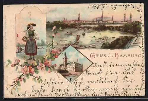 Lithographie Hamburg, Alster, Rathaus, Frau in Trachten