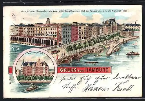 Lithographie Hamburg-Neustadt, Ansicht der Alsterarkaden-Reesendammbrücke mit altem Jungfernstieg, Hamburger Hof