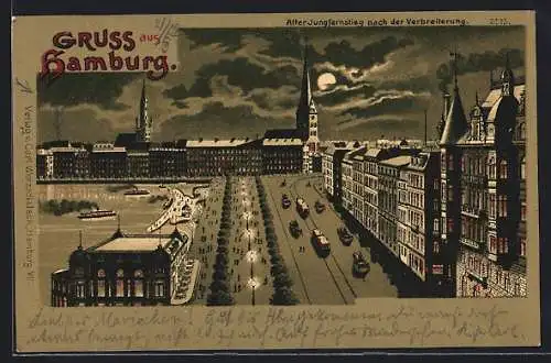 Mondschein-Lithographie Hamburg-Neustadt, Alter Jungfernstieg nach der Verbreiterung