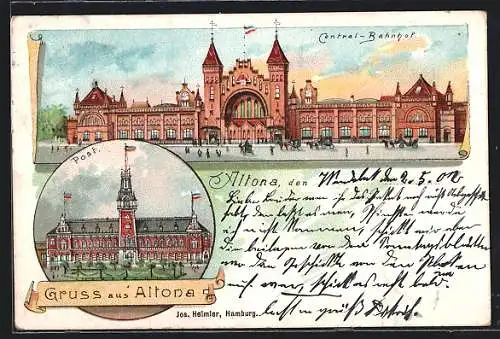 Lithographie Hamburg-Altona, Central-Bahnhof, Postgebäude