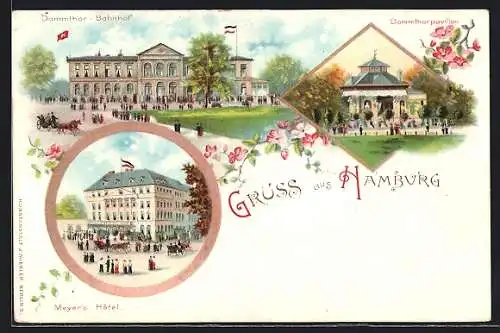 Lithographie Hamburg-Rotherbaum, Dammtor-Bahnhof, Dammtor-Pavillon, Meyer's Hotel