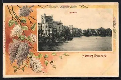AK Hamburg-Uhlenhorst, Villenviertel am Feenteich, florales Passepartout