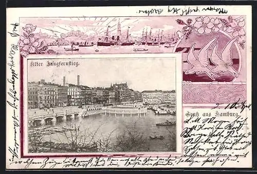 AK Hamburg-Neustadt, Alter Jungfernstieg mit Booten im Passepartoutrahmen