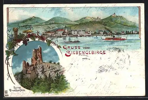 Lithographie Drachenfels /Siebengebirge, Die Ruine, Raddampfer vor der Ortschaft