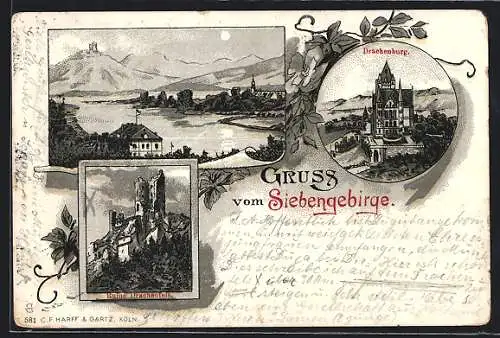 Lithographie Königswinter, Drachenburg, Ortsansicht, Ruine Drachenfels