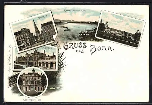 Lithographie Bonn, Aussicht vom alten Zoll, das Neutor, Bahnhof, das Coblenzer Tor