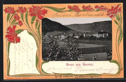 AK Beuron, Gesamtansicht mit dem Kloster im floralen Jugendstil-Passepartout