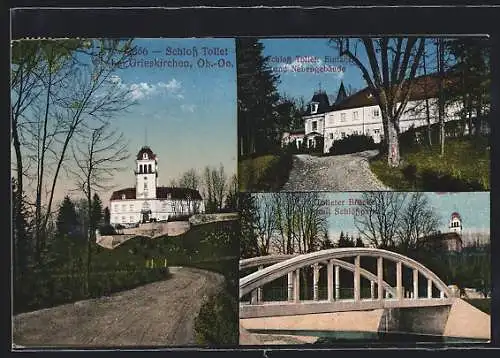 AK Grieskirchen /Ob.-Oe., Schloss Tollet, Einfahrt und Nebengebäude, Tolleter Brücke mit Schlosspark