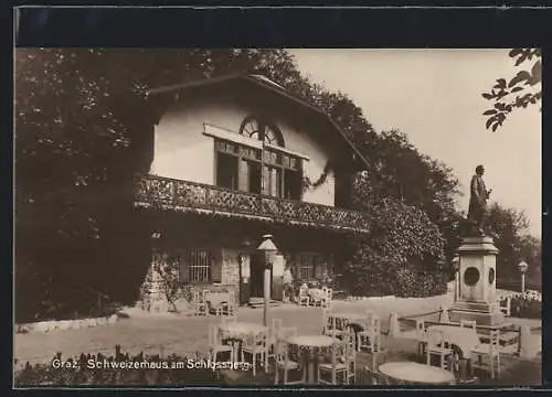 AK Graz, Gasthaus Schweizerhaus am Schlossberg mit Denkmal