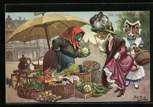 Künstler-AK A. Thiele: Händler-Katze verkauft Gemüse an feine Damenkatze auf dem Markt
