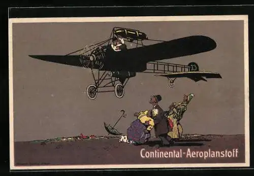 Künstler-AK Reklame für Continental-Aeroplanstoff, Flugzeug