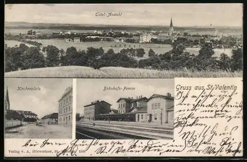 AK St. Valentin, Bahnhof mit Perron, Kirchenplatz, Totalansicht