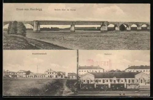 AK Marchegg, Bahnhof, Maschinenfabril, Brücke über die March