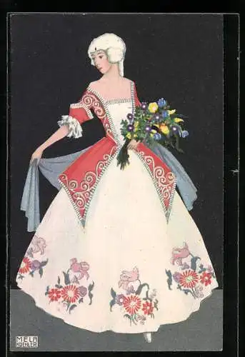 Künstler-AK Mela Köhler: Dame mit weisser Perücke und Blumen, Barock, Rokoko