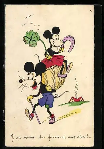 Künstler-AK Mickey Maus und Minnie mit Hufeisen und Glücksklee