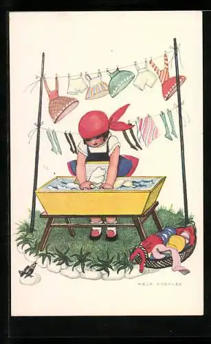 Künstler-AK Mela Köhler: Kleine Puppenwäsche im Garten
