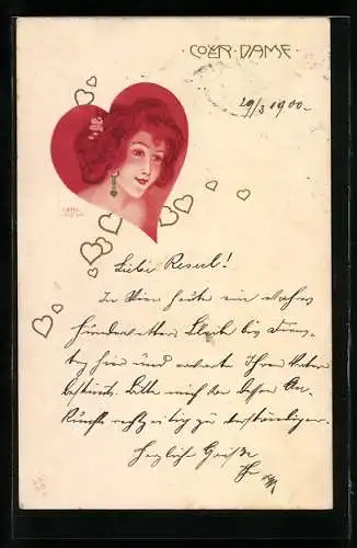 Künstler-AK sign. Carl Jozsa: Junge Frau mit goldenem Ohrring im roten Herz, Jugendstil