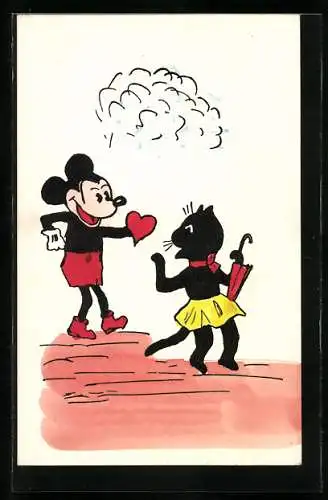 Künstler-AK Mickey Mouse schenkt einer Katze ein Herz