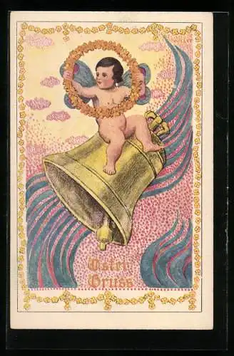 Künstler-AK Wilhelm List: Engel hält Blumenkranz und sitzt auf einer Glocke, Jugendstil