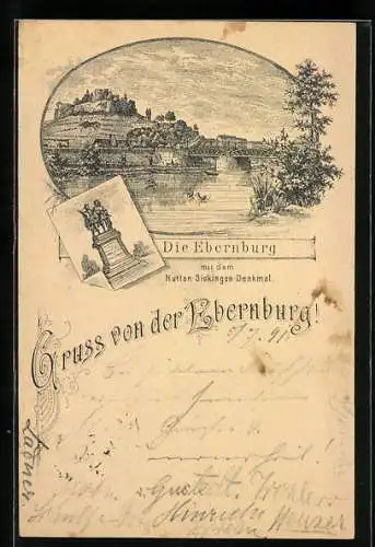 Vorläufer-Lithographie Ebernburg, 1891, Panorama mit Brücke und Ruine, Hutten-Sickingen-Denkmal