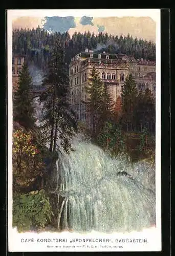 Künstler-AK F.A.C.M. Reisch: Badgastein, Cafe-Konditorei Sponfeldner