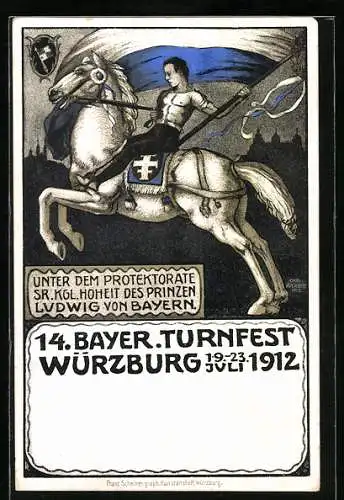 Künstler-AK Würzburg, 14. Bayer. Turnfest 1912, Turner auf Pferd, Ganzsache Bayern