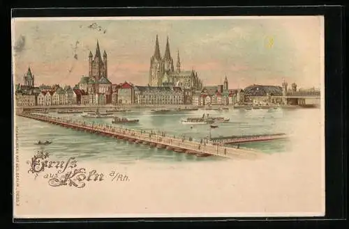 Lithographie Köln, Partie am Rhein mit Blick auf den Dom, Halt gegen das Licht: Erleuchtete Fenster, Mond