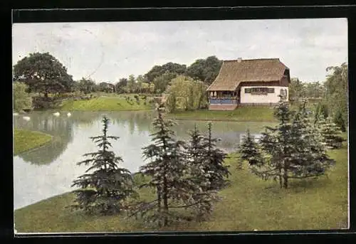 AK Regensburg, Oberpfälzische Kreisausstellung 1910, Blick auf Haus am See, Ganzsache Bayern