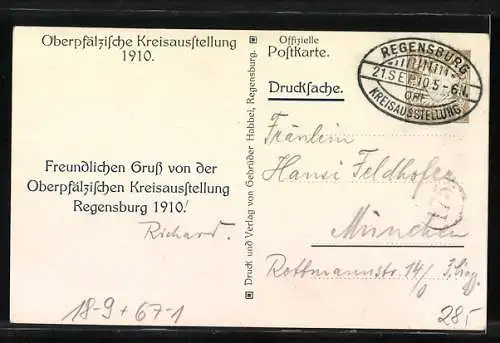 AK Regensburg, Oberpfälzische Kreisausstellung 1910, Blick auf Haus am See, Ganzsache Bayern